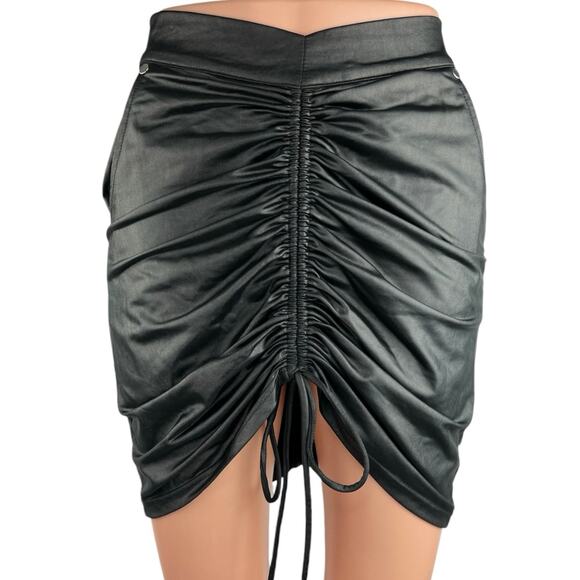 Maniere De Voir Black Faux Leather Ruched Drawstring Mini Pencil Skirt Size 8 - Picture 1 of 5